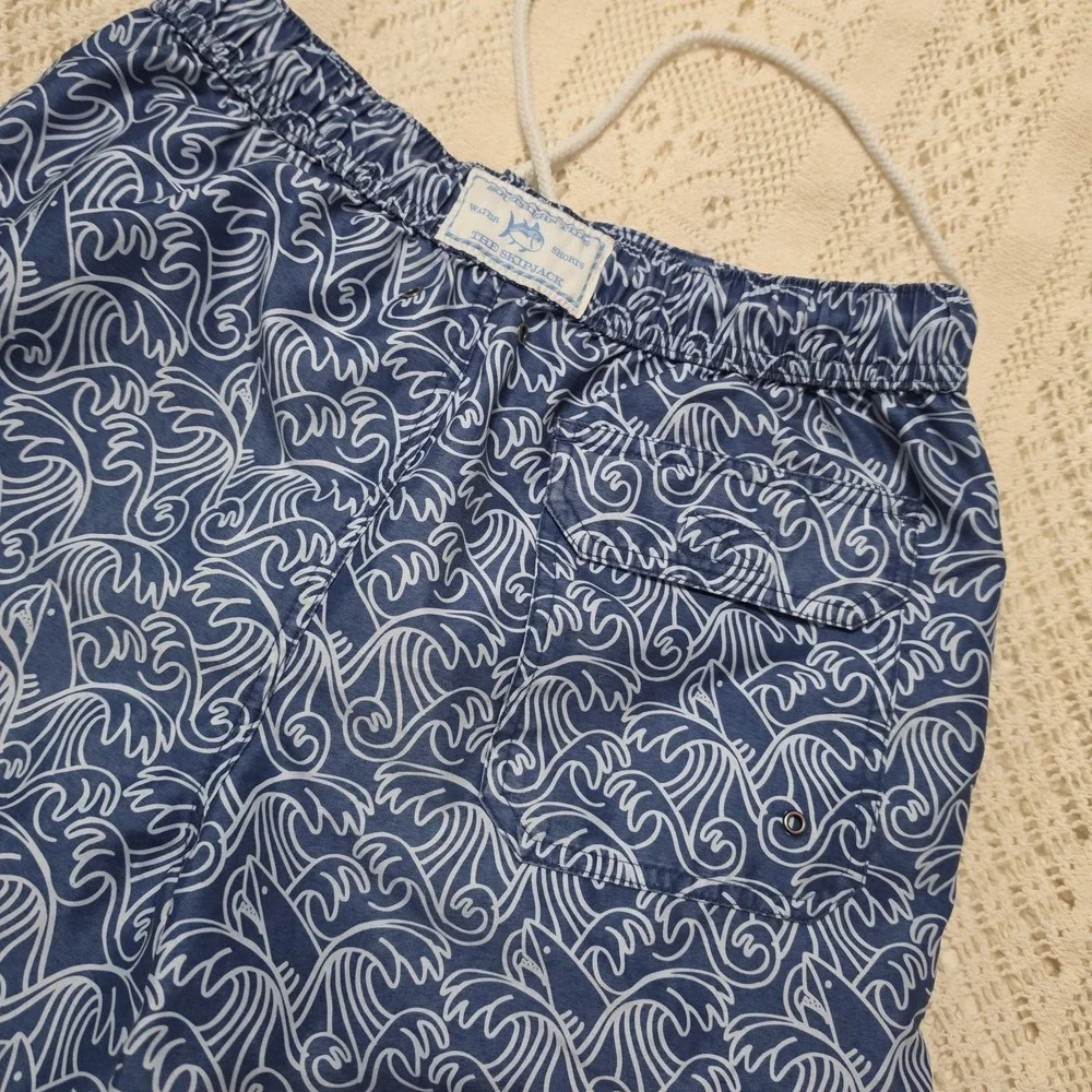 Southern Tide Stretch Mens Size Small Wave Print Swim Trunks Blue White‎